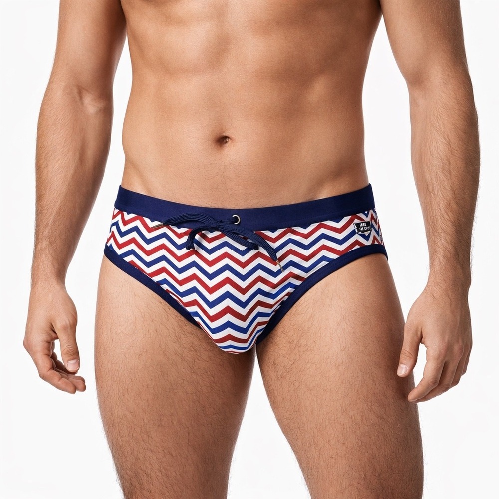 Andrew Christian S (28-31) Mens Chevron Swim Briefs Red White Blue 70040 NEW